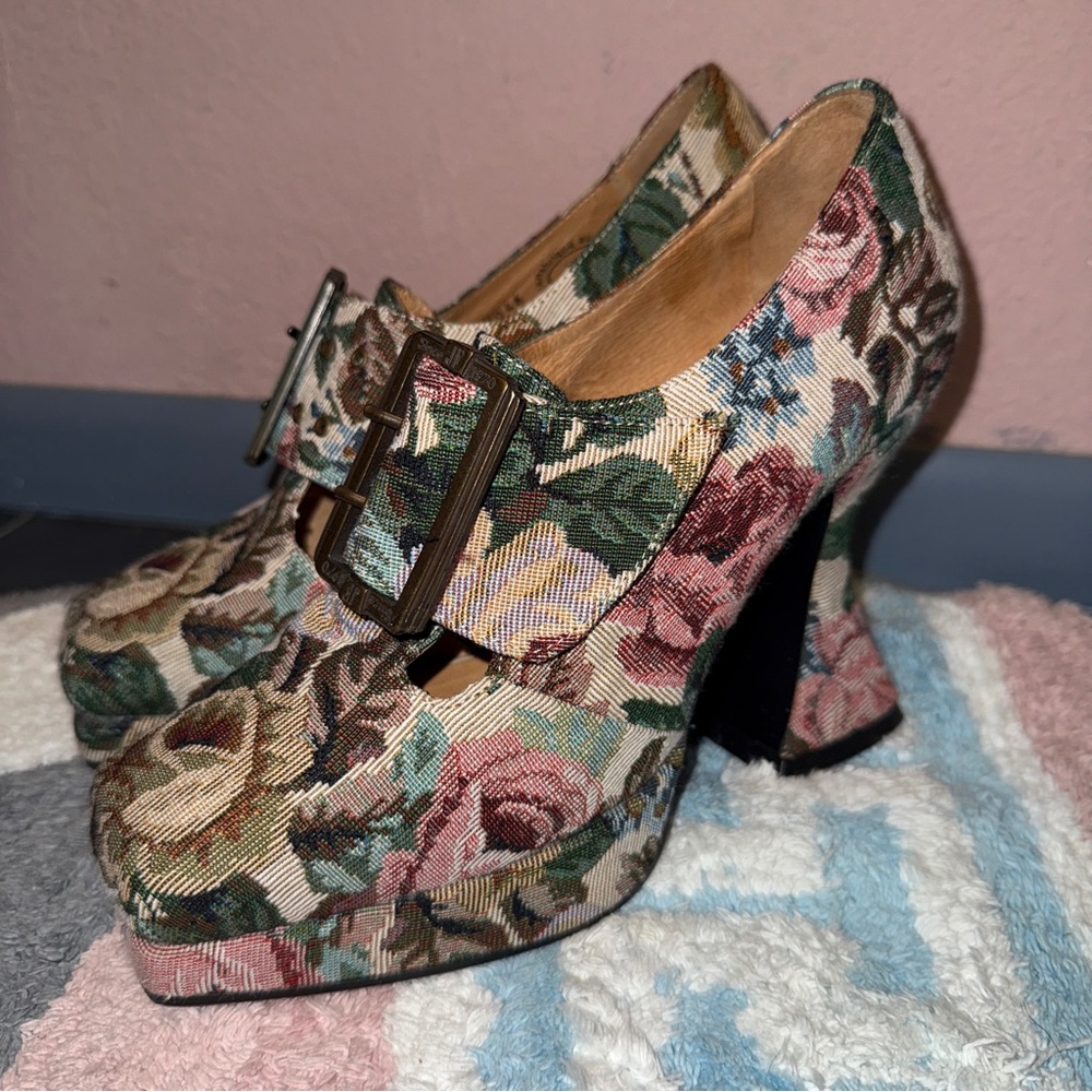 John Fluevog Floral Heels with Buckle